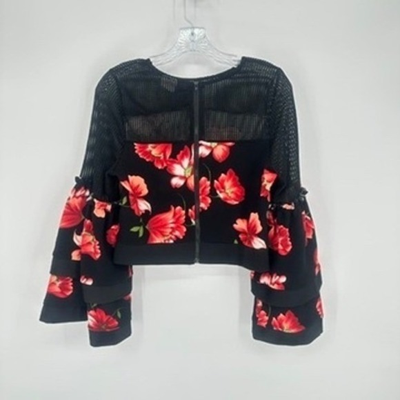 Impulse Black Red Floral Mesh Ruffle Sleeve Cropped Top Medium - Picture 2 of 16